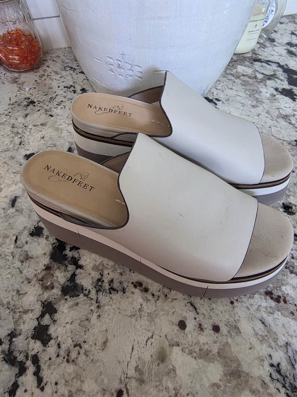Naked Feet Cream and Tan Platform Slide Mules